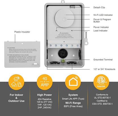 SURAIELEC WiFi Pool Timer, 40 AMP, 1HP 120V, 2HP 240V, Outdoor Indoor Smart Switch, Heavy Duty Pool Controller Light Timer Box for Pump, Water Heater, Spa, Powerful Electrical Appliances
