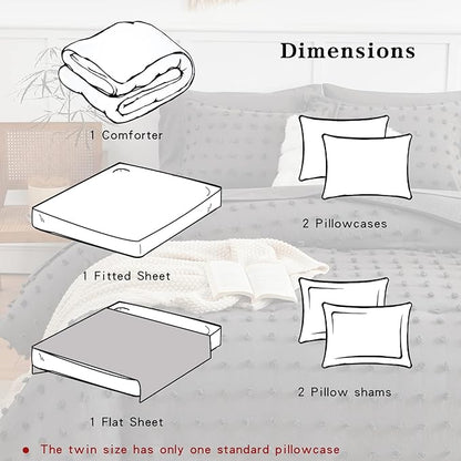 7 Pieces Tufted Dots Bed in a Bag Queen Comforter Set with Sheets Grey , Soft and Embroidery Shabby Chic Boho Comforters, Solid Color with Pom Pom Design, Jacquard Tufts Bedding Set for All Season