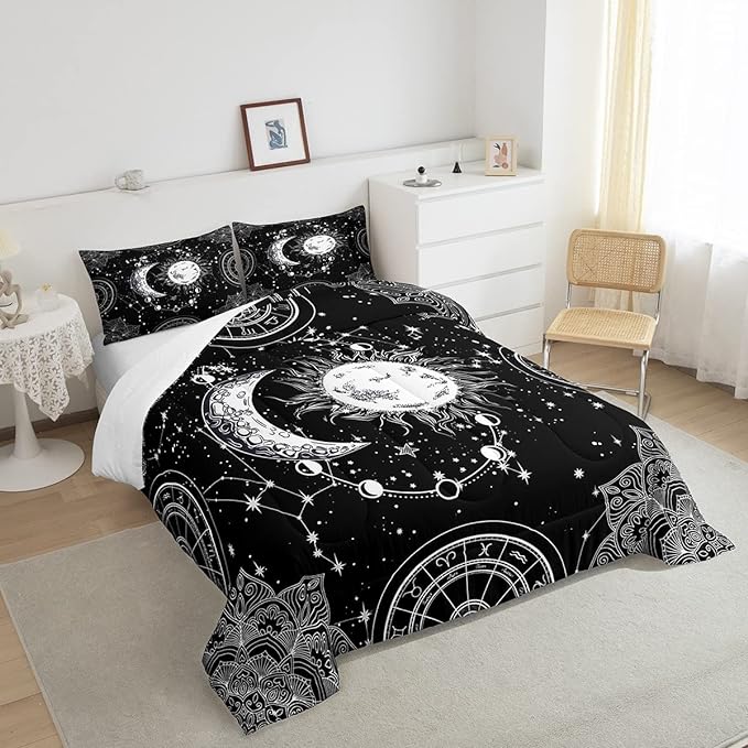 Sun and Moon Bedding Set Constellation Galaxy Comforter Set for Kids Boys Girls Teens Psychedelic Boho Mandala Comforter Breathable Celestial Duvet Set Black White Room Decor Quilt Cover Queen Size