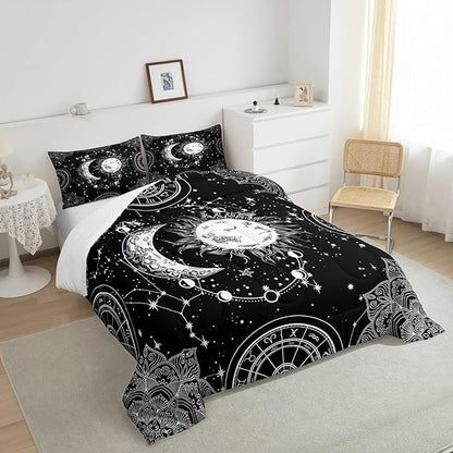 Sun and Moon Bedding Set Constellation Galaxy Comforter Set for Kids Boys Girls Teens Psychedelic Boho Mandala Comforter Breathable Celestial Duvet Set Black White Room Decor Quilt Cover Queen Size