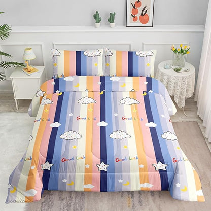 Datura home Cloud Stylish Comforter Bedding Set for Kids Children,Boys and Girls coulorful Stripe with Dot Cute Sky Bedding Set with 1 Comforter and 2 Pillowcases(Cloud Twin)