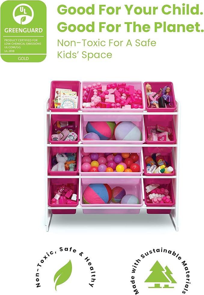 Delta Children Kids Toy Storage Organizer with 12 Plastic Bins - Greenguard Gold Certified, White/Pink