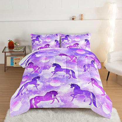 HOSIMA Purple Unicorn Bedding Sets for Girls Kids,3 Piece Soft Microfiber Galaxy Comforter Princess Crib Bedding Set Unicorn Bedroom Decor for Girls Room,Planet Cloud King Size Comforter Set.