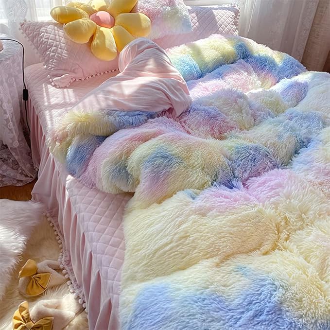 Faux Fur Kids Girls Sunshine Rainbow Comforter Sets Queen - 3PC Bed Set Warm Comfortable Soft Plush Flannel Velvet Fluffy Fuzzy Bedding（Comforter x 1 Pillowcases x 2）