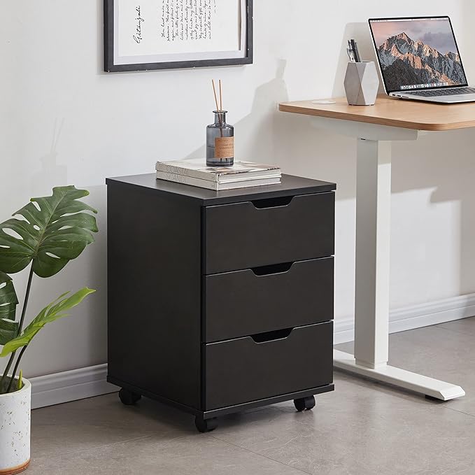 Farini 3-Drawer Vertical Filing Cabinet Rolling Wood Mobile File Cabinets Under Desk for Home Office with Casters (Black, Fully Assembled)