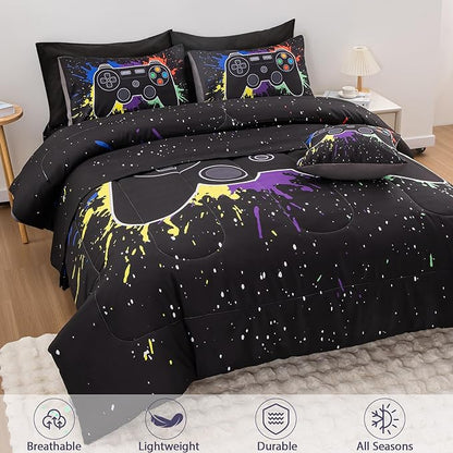 8Pcs Gamer Comforter Set with Sheets for Boys Girls Kids Teens, Colorful Graffiti Gaming Themed Bed in A Bag Queen Size, Black 3D Video Game Controller Bedroom Decor Bedding Set-Black