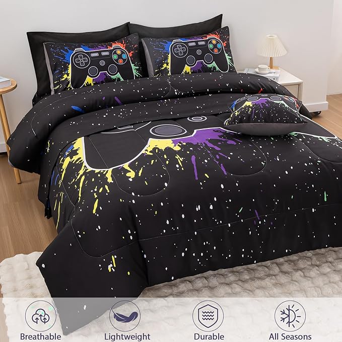 8Pcs Gamer Comforter Set with Sheets for Boys Girls Kids Teens, Colorful Graffiti Gaming Themed Bed in A Bag Full Size, Black 3D Video Game Controller Bedroom Decor Bedding Set-Black