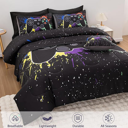 8Pcs Gamer Comforter Set with Sheets for Boys Girls Kids Teens, Colorful Graffiti Gaming Themed Bed in A Bag Full Size, Black 3D Video Game Controller Bedroom Decor Bedding Set-Black