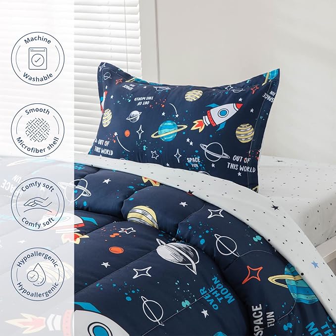 Planet Twin Comforter Set for Boys Girls 4-Piece Rocket Kids Bedding Sets Galaxy Space Stars Bedroom Decor - Include Reversible Comforter, Flat Sheet, Fitted Sheet and Pillowcase