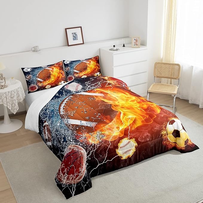 Erosebridal Football Comforter Set Queen Rugby Sports Bedding Set for Teen Boys Kids,Soccer Basketball Baseball Comforter Red Blue Water Fire Lightning Quilt Duvet Insert Bedroom Decor 2 Pillow Cases