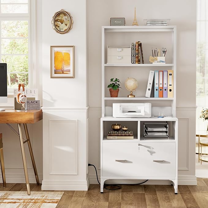 Homieasy File Cabinet with Charging Station, Vertical Filing Cabinet with Lock & Large Drawer, Printer Stand with Storage Shelves, Office Storage Cabinet fits Letter/A4/Legal Size, White
