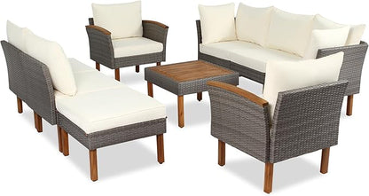 Merax Outdoor Patio Furniture Sets, Free Combination Wicker Sofa, 9-Piece, Rattan w/Wood Tabletop & Legs, Beige