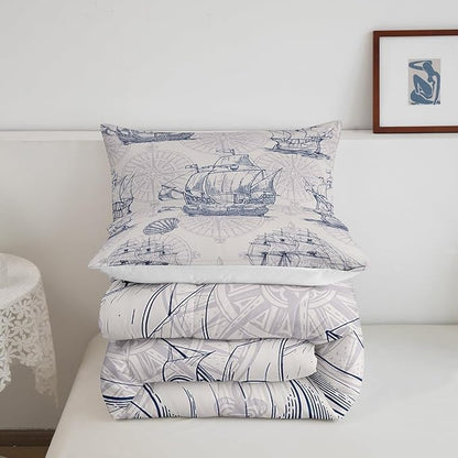 Nautical Comforter Set Sailboat Down Comforter Full,Blue White Vintage Style Quilted Duvet Set Luxury Anchor Crab Pattern Bedding Insert Set for Kids, Adult Teen Boys Girls Bedroom Ocean Beach Decor