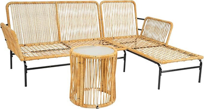 3-Piece Outdoor PE Rattan Furniture Set, Patio Wicker Conversation Loveseat Sofa Sectional Couch with Thick Cushion for Backyard, Deck, Poolside, Zn-Light Yellow