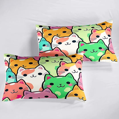 Cat Bedding Queen Size - Cat Comforter Set for Kids Girls Cartoon Cat Bedding Set Room Decor Teens Queen Comforter Sets for Girls, 1 Comforter+2 Pillowcases