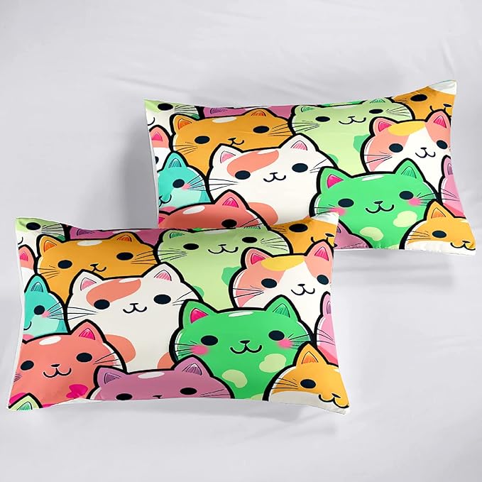 Cat Bedding Set - Full Size Comforter, 2 Pillowcases for Girls, Soft Breathable Polyester, Machine Washable, Cat Themed Bedding for Kids Room Decor, Birthday & Holiday Gift