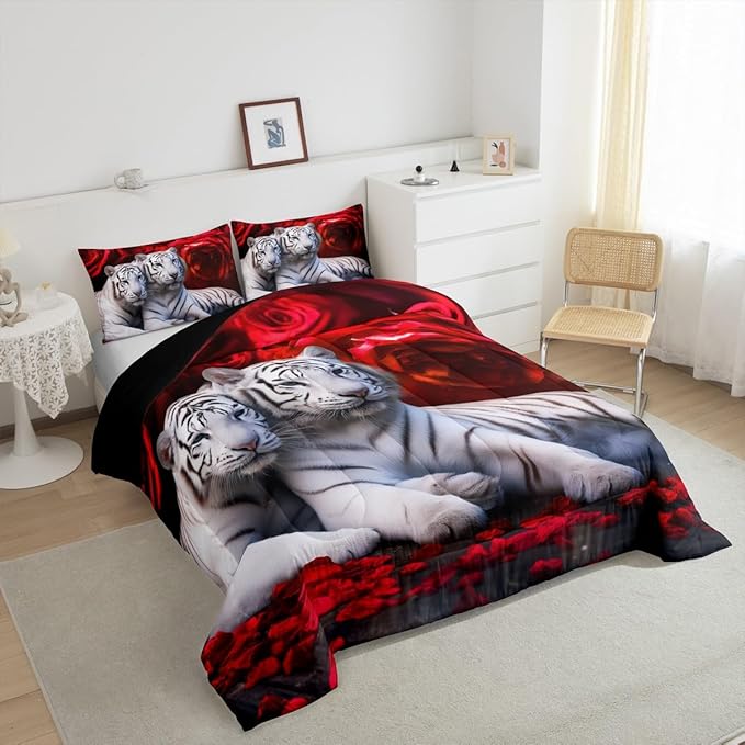 Tiger Comforter Set Twin, Red Rose Down Comforter Kids Girls Women,Red Image of Large Cat Playing with Water Cool Nature Animal Quilted Duvet Insert Gorgeous Floral Flower Bedding Comforters,Brown