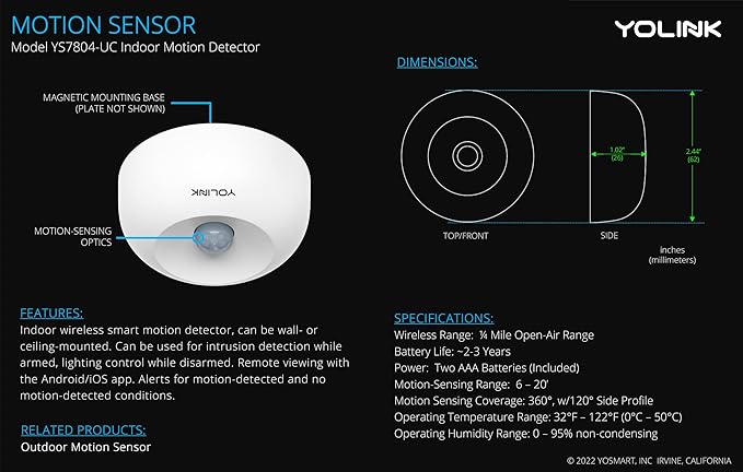 Smart Motion Sensor, YoLink 1/4 Mile World's Longest Range Wireless Motion Detector Compatible with Alexa IFTTT, Movement Detector App Alerts Remote Monitor for Indoor Use, YoLink Hub Included