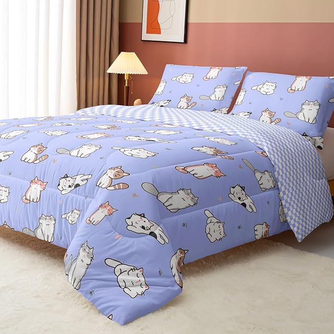 Datura home Purple Kawaii Cat Comforter Bedding Set for Girls Kitten Purple Print Cute Animal Pattern with 1 and 2 Pillowcases Bedroom All Season(Cat Purple Twin), Twin 68x86inches