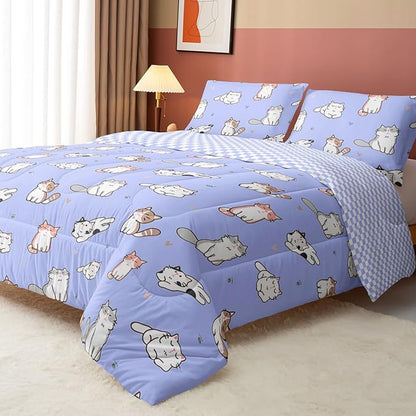 Datura home Purple Kawaii Cat Comforter Bedding Set for Girls Kitten Purple Print Cute Animal Pattern Bedding Set with 1 Comforter and 2 Pillowcases for Girls Bedroom All Season(Cat Purple Queen)