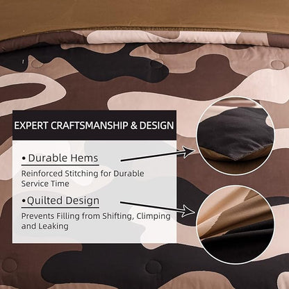 Meeting Story Camouflage Bedding Set, Colorful Pattern Style Comforter Set, 5 PCS One Comforter Two Pillowcases Two Sheets in One Bag, All Season Bedspread for Teens Adults (Coffee, Twin 5Pcs)