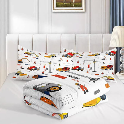 CVHOUSE Tractor Bedding Sets for Boys,Excavators Comforter Queen,Boys Cartoon Truck Comforter Set,Trucks Tractors Cars Quilt Set with 1 Comforter and 2 Pillow Cases- 3 Piece