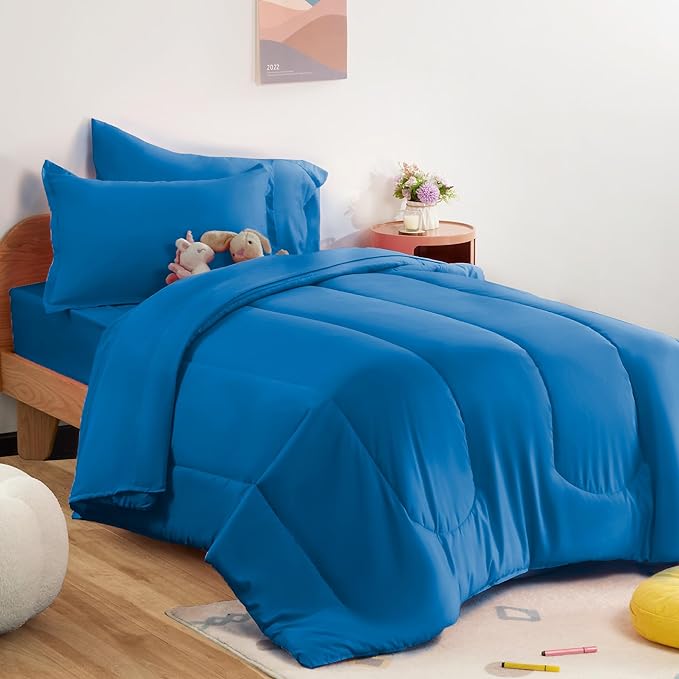 SLEEP ZONE Kids Twin Bedding Comforter Set - Super Cute & Soft Kids Bedding 5 Pieces Set with Comforter, Sheet, Pillowcase & Sham (Blue)