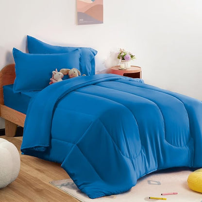 SLEEP ZONE Kids Twin Bedding Comforter Set - Super Cute & Soft Kids Bedding 5 Pieces Set with Comforter, Sheet, Pillowcase & Sham (Blue)