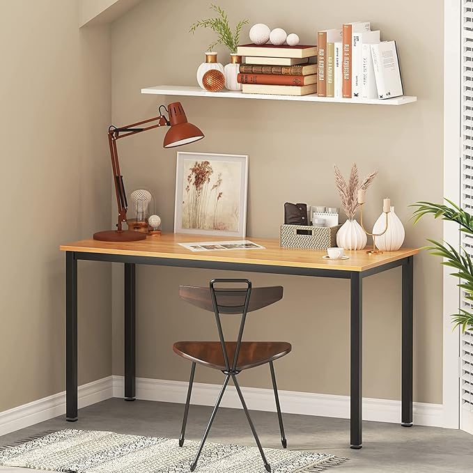 SogesGame Teak Home Office Desk, 55 inch Modern Simple Computer Desk，Writing Study Corner Desk Laptop Table, Easy to Assemble