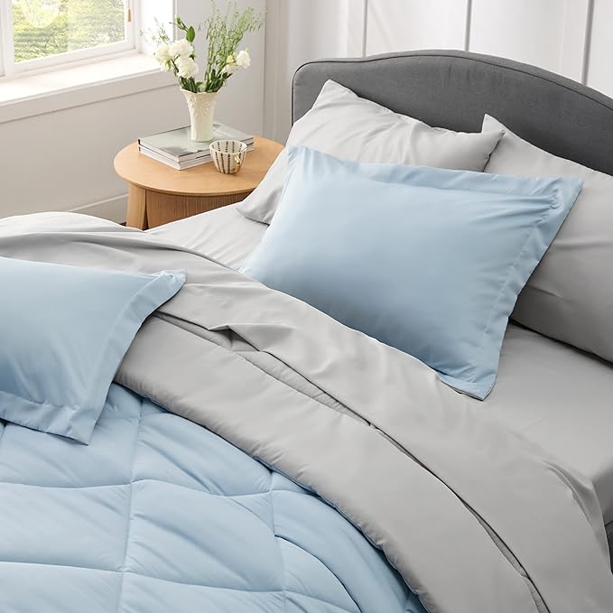 Bedsure Sky Blue Full Size Comforter Set - 7 Pieces Reversible Full Bed in a Bag Full Bed Set with Comforters, Sheets, Pillowcases & Shams, Full Bedding Sets