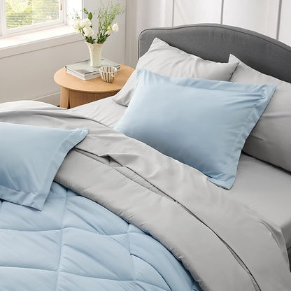 Bedsure Sky Blue Queen Comforter Set - 7 Pieces Reversible Queen Bed in a Bag Queen Bed Set with Comforters, Sheets, Pillowcases & Shams, Queen Bedding Sets
