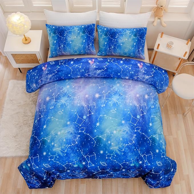 Holawakaka Tie Dye Constellation Print Ombre Comforter Set Twin Size Girls Boys Gradient Galaxy Bedding Set (Cyan,Twin)