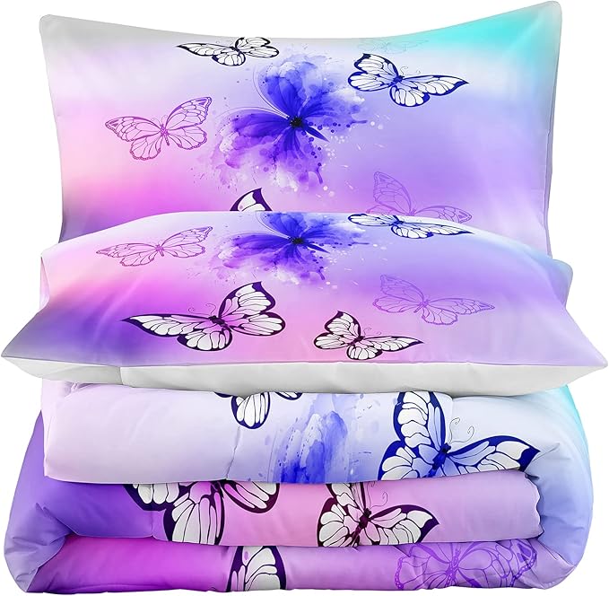 Tailor Shop Purple Butterfly Kids Full Size Comforter Sets Pink Butterfly Bedding Set for Girls Teens Tie Dye Butterflies Comforter Set Room Decor Set with 1 Comforter and 2 Pillowcase…