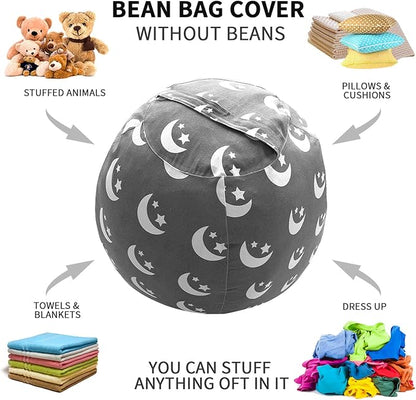 2 PCS Stuffed Animal Storage Bean Bag Chair Cover, Cotton Canvas Beanbag with Zipper for Organizing Kid's and Adults Room Stars Moon 24"
