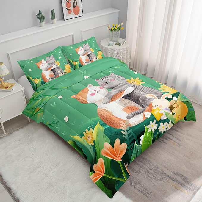 Datura home Cute Cat Kids Comforter Bedding Set for Boys Girls, Watercolor Cat Forest Rabbit and Flower Print Comforter with 2 Pillowcases(Cute Cat Twin)