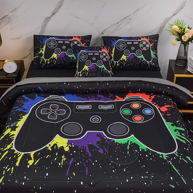 6Pcs Gamer Comforter Set with Sheets for Boys Girls Kids Teens, Colorful Graffiti Gaming Themed Bed in A Bag Twin Size, Black 3D Video Game Controller Bedroom Decor Bedding Set