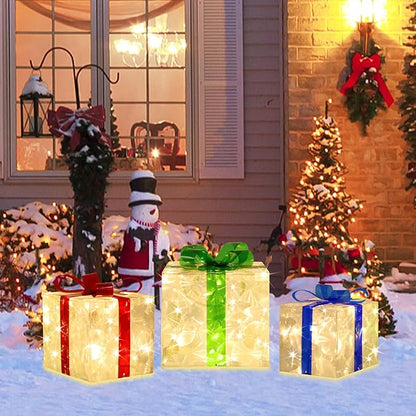 [Large 8.5"x7"x6" Christmas Set of 3 Lighted Gift Boxes Decorations Pre-lit 70 Super-Bright LED with Flashers,for Indoor Outdoor Christmas Tree Skirt Ornament Pathway Holiday Party Home
