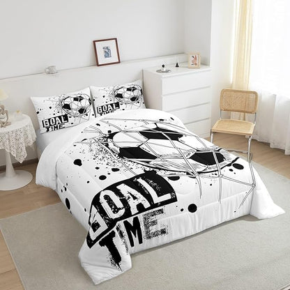 Erosebridal Kids Football Comforter Set Full Size American Soccer Bedding Set Sports Games Duvet Sets for Boys Girls Children Teens Geometric Polygon Down Comforter for Bedroom, Black White