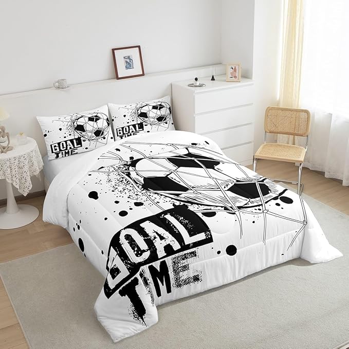 Erosebridal Kids Football Comforter Set Queen Size American Soccer Bedding Set Sports Games Duvet Sets for Boys Girls Children Teens Geometric Polygon Down Comforter for Bedroom, Black White