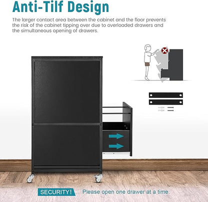 Lateral File Cabinet, 2 Drawer Mobile Filing Cabinet with Outlet, Open Storage Side Shelves, Locking Drawer Fits A4/Letter/Legal Size File Cabinets for Home Office, Black