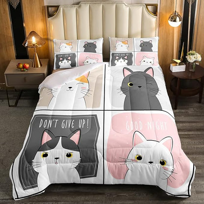 Erosebridal Kawaii Cats Comforter Set Twin,Pink Grey Cute Little Cat Down Comforter Adorable Kitten Animal Bedding Set for Kids Boys Girls Patchwork Cartoon Doodle Quilt Duvet Set with 1 Pillow Case