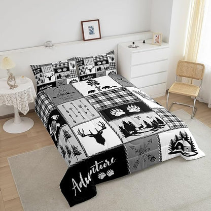 Deer Bear Comforter Set Queen Size,Pine Trees Christmas Bedding Set for Kids Boys Girls Adults Room Decor,Camping Adventure Rustic Farmhouse Down Comforter,Black Retro Duvet Insert,2 Pillowcases