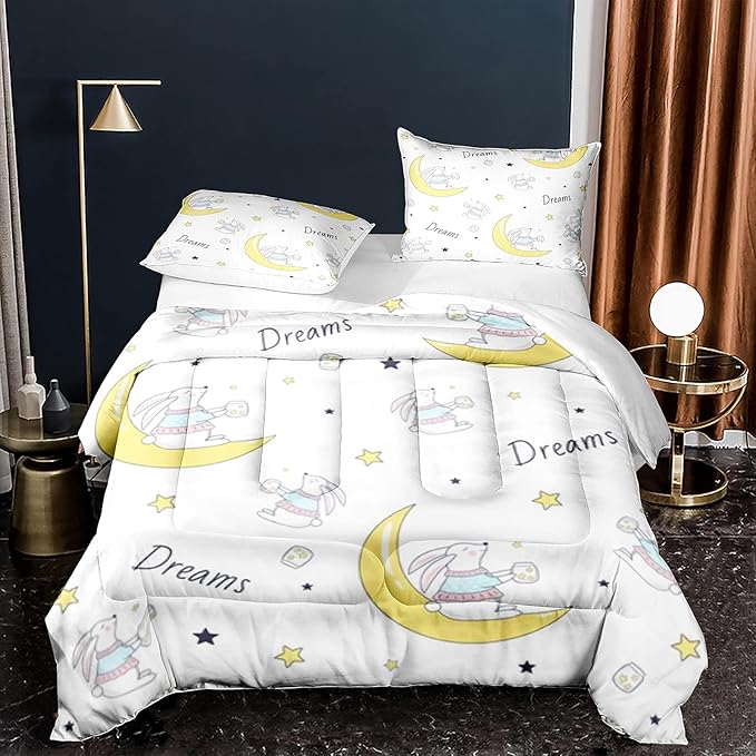 Cartoon Rabbit Sleeping on Moon Comforter Set for Kids Twin Size Bedding Set with Pillowcase Lovely Baby Bed Set Decor Home