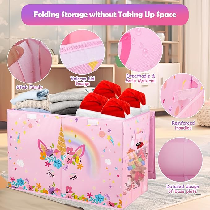 Large Toy Box Chest, Collapsible Sturdy Toy Storage Organizer for Kids, Boys, Girls, 25"x13"x16" Toy Chest Storage Bins with Lids Toy Bins Baskets Boxes for Living Room, Playroom, Nursery, Pink