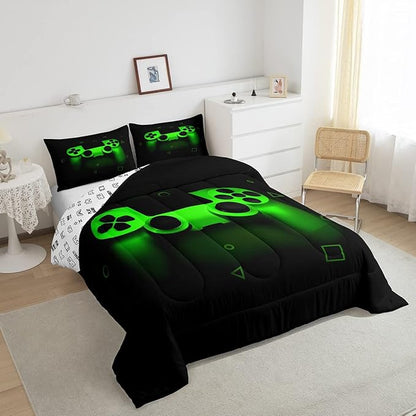 Gamer Comforter Set For Boys Queen,Gaming Bedding Comforters For Kids Teens Men Game Room Decor,Video Game Down Comforter Reversible Retro Green Gamepad Controller Quilt Duvet Sets Home Decor 3 Pcs