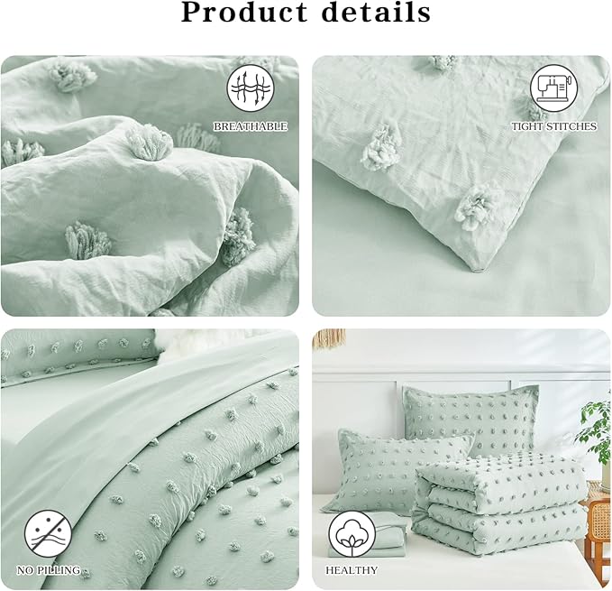 6 Pieces Tufted Dots Bed in a Bag Twin Comforter Set with Sheets Green , Soft and Embroidery Shabby Chic Boho Bohemian Comforters, Solid Color with Pom Pom Design, Jacquard Tufts Bedding Set for Kids