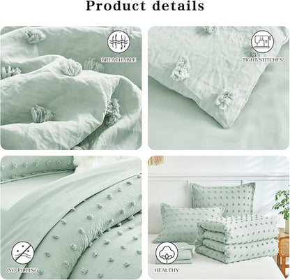 6 Pieces Tufted Dots Bed in a Bag Twin Comforter Set with Sheets Green , Soft and Embroidery Shabby Chic Boho Bohemian Comforters, Solid Color with Pom Pom Design, Jacquard Tufts Bedding Set for Kids