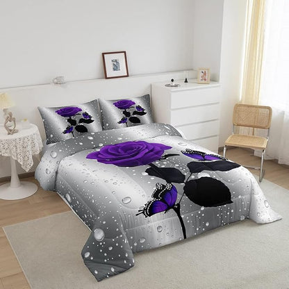 3D Rose Comforter Set Rose Floral Print Bedding Set Romantic Flowers Comforter for Kids Boys Girls Children Teens Bedroom Decor Purple Rose Butterfly Duvet Set Queen Size Quilt Set With 2 Pillow Case