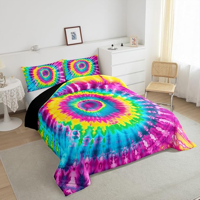 2 Piece Rainbow Tie Dye Comforter Set with 1 Pillowcase Boho Psychedelic Bedding Set for Kids Girls Teens Bohemian Gypsy Exotic Spiral Quilted Duvet Soft Comfy, Watercolor Art Down Comforter,Twin
