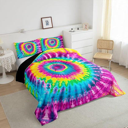 3 Piece Rainbow Tie Dye Comforter Set with 2 Pillowcases Boho Psychedelic Bedding Set for Kids Girls Teens Bohemian Gypsy Exotic Spiral Quilted Duvet Soft Comfy, Watercolor Art Down Comforter,Queen